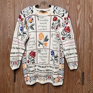 Vintage Adrienne Vittadini Sport Women's Floral Poetry Knit Sweater L Retro Art